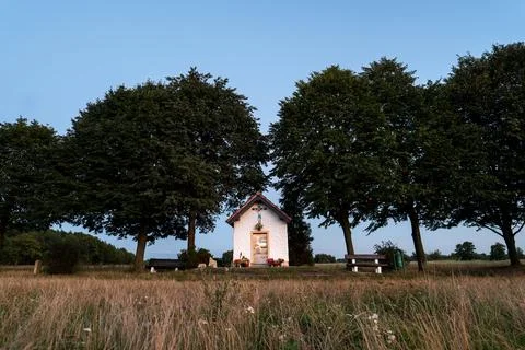 Small roadside white chapel surrounded by large trees at dusk Foto stock