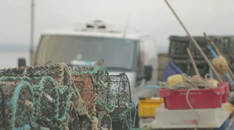 Small Robin bird sitting on lobster creels at a Scottish Harbour Stock Footage 58439064