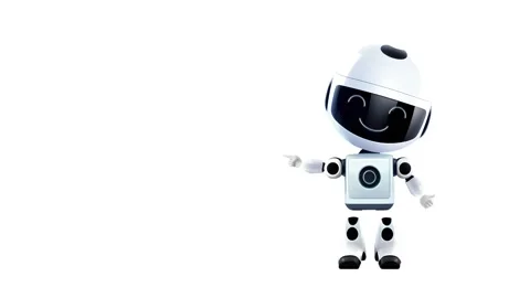 A small robot. Big head. Conducting a presentation. White background. Stock Footage 232823291