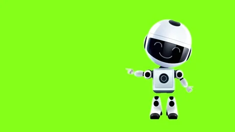 A small robot. Big head. Conducting a presentation. Green background. Stock Footage 232823292