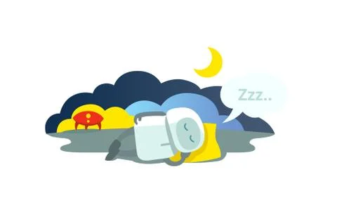 Small robot sleeps lying on pillow has arrived rocket and sleeping. Sleep mode Stock Illustration