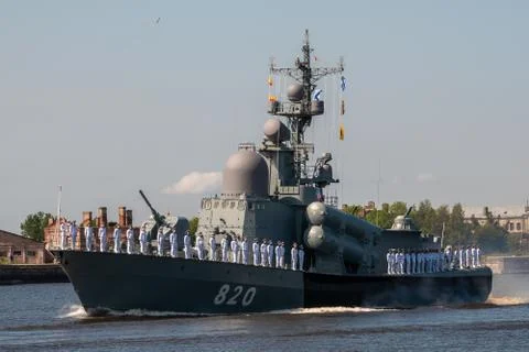 Small rocket ship Chuvashia, project 1241 passes near Kronstadt during the re Stock Photos