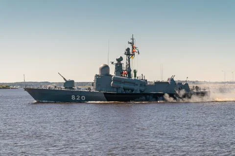 Small rocket ship Chuvashia, project 1241 passes near Kronstadt during the re Stock Photos
