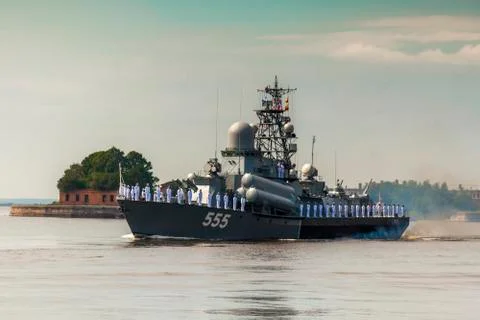 Small rocket ship during Navy day celebration. July 2018. Stock Photos