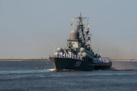 Small rocket ship Liven, project 1234.1 passes near Kronstadt during a rehear Stock Photos