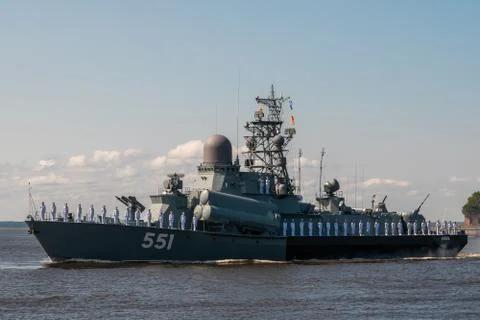 Small rocket ship Liven, project 1234.1 passes near Kronstadt during a rehear Stock Photos