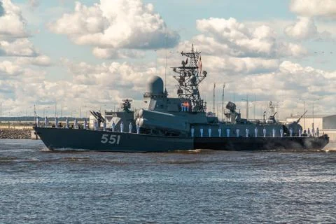 Small rocket ship Liven project 1234.1 passes near Kronstadt during the parad Stock Photos