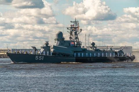 Small rocket ship Liven project 1234.1 passes near Kronstadt during the parad Stock Photos