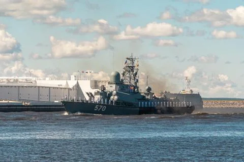 Small rocket ship Passat project 1234.1 passes near Kronstadt during the para Stock Photos