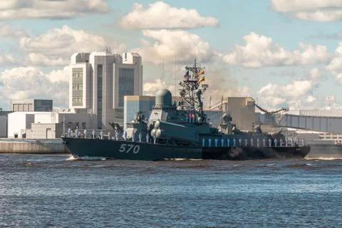 Small rocket ship Passat project 1234.1 passes near Kronstadt during the para Stock Photos