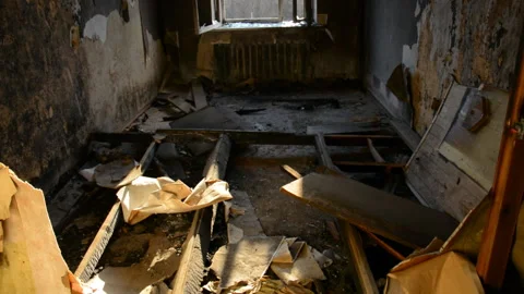 Small room interior after fire Stock Footage 165070389