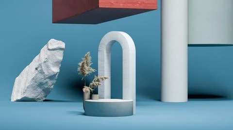 Small round podium display on the blue background with big surreal shapes Stock Illustration