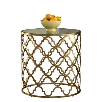 A small round table with a patterned base on a white background. 3d rendering Stock Illustration