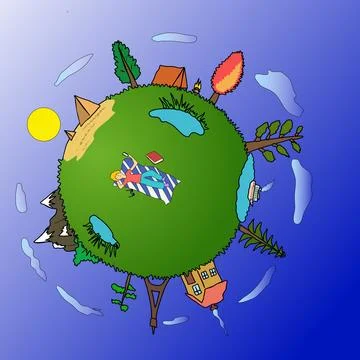 A small round world, planet Earth in the middle of which a boy is lying on the Stock Illustration