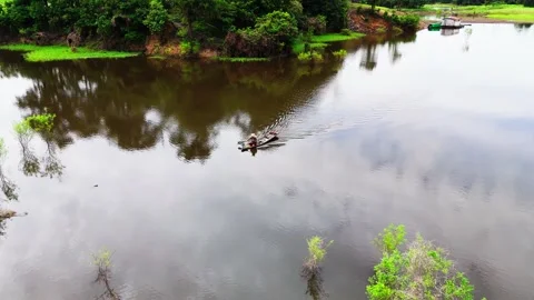 Small Rowing Boat Crossing Tropical River Through Rainforest, aerial 스톡 동영상 341705745