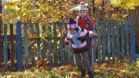 A small, rural boy jumping on yellow leaves in the forest, in the fresh air Stock Footage 99619178