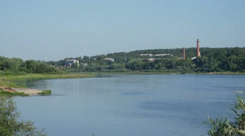 Small russian city at riverside scenic view Stock Footage