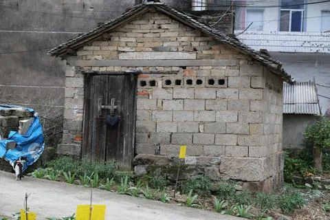 Small rustic brick shed with weathered wooden door, tiled roof, and black a.. Stock Photos