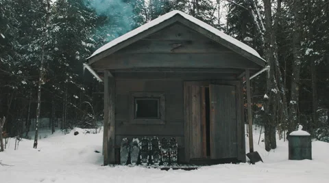 Small Rustic Cabin in the Winter. Stock Footage
