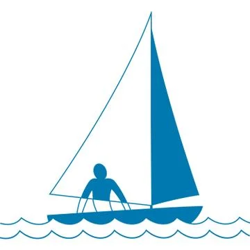 Small sailing boat. Sloop. Ship coming through waves under sail. Man on board Stock Illustration