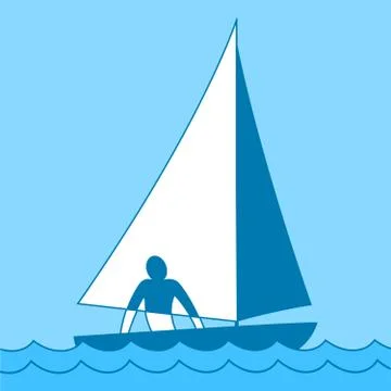Small sailing boat. Sloop. Ship coming through waves under sail. Man on board Stock Illustration