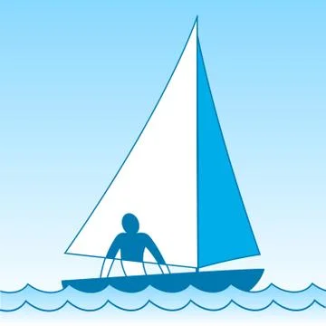 Small sailing boat. Sloop. Ship coming through waves under sail. Man on board Stock Illustration