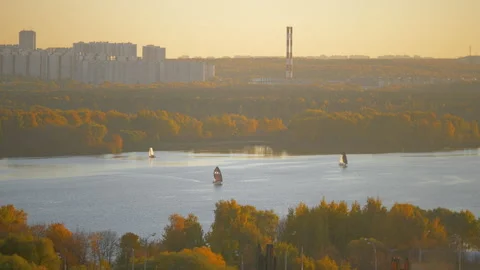 Small sailing yachts in the bay at sunset. Surrounded by an orange forest Stock Footage 163374385