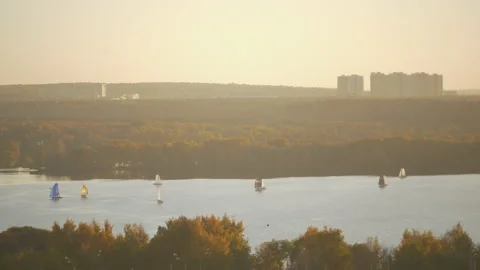Small sailing yachts in the bay at sunset. Golden sunset and autumn Stock Footage 163375174