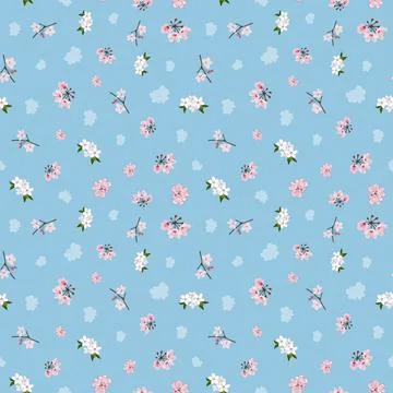 Small sakura flowers on blue background repeat pattern Illustrazione stock