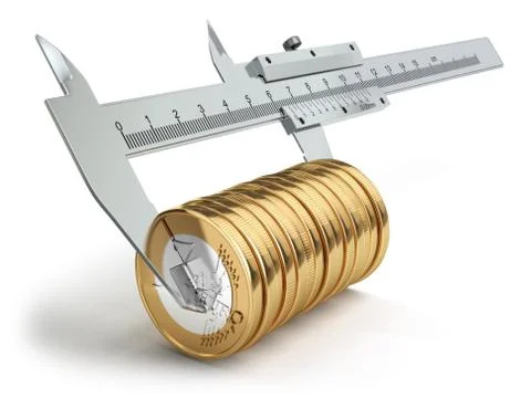 Small salary concept. Caliper measuring coins euro. Stock Illustration