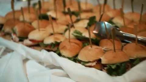 Small sandwiches chips fruit palm snacks food Stock Footage 101045285