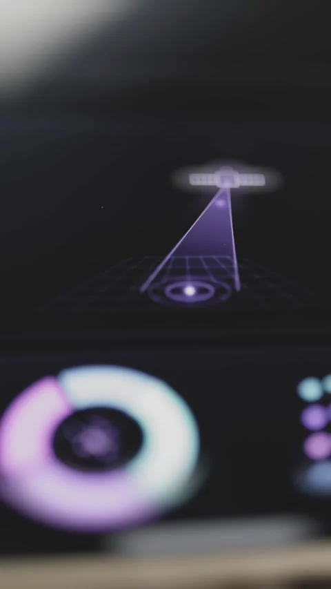 Small satellite projects a violet beam onto a target grid Stock Footage 343378356