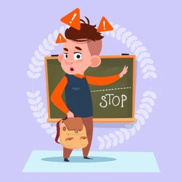Small School Boy Standing Over Class Board With Stop Sign Schoolboy Education Ilustração Stock