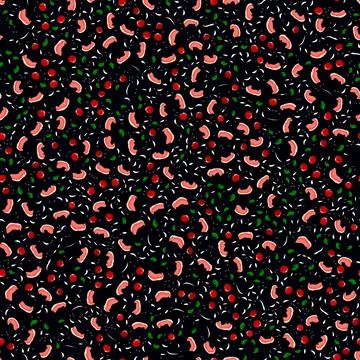 Small seamless pattern. Leaves, berries, spots. Black background. For print a Stock Illustration