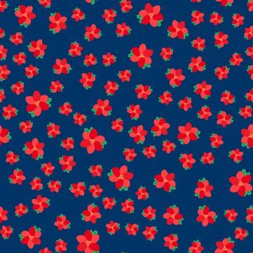 Small seamless pattern. Leaves, small flowers on a dark background. Blue back Stock Illustration