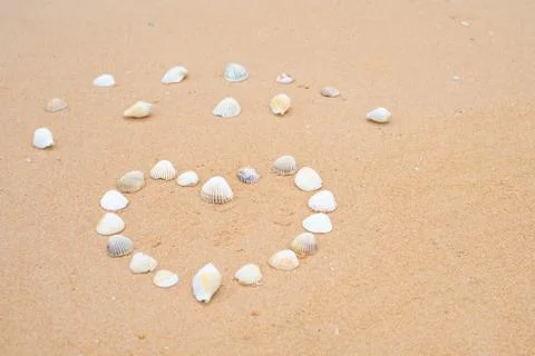 Small seashells in the shape of a heart on a smooth sandy beach. Stock Photos