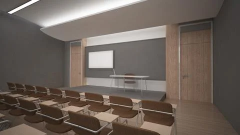 Small seminar room in dark tones with wooden floor and chairs for listening.. Stock Illustration