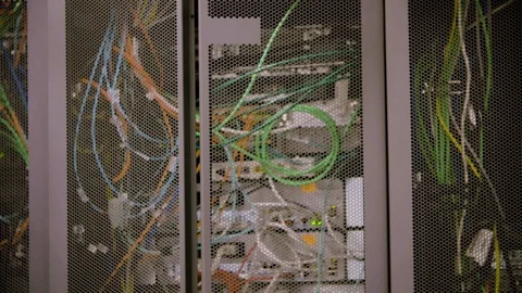 Small server room. Tangled wires and cables Video stock 114494520