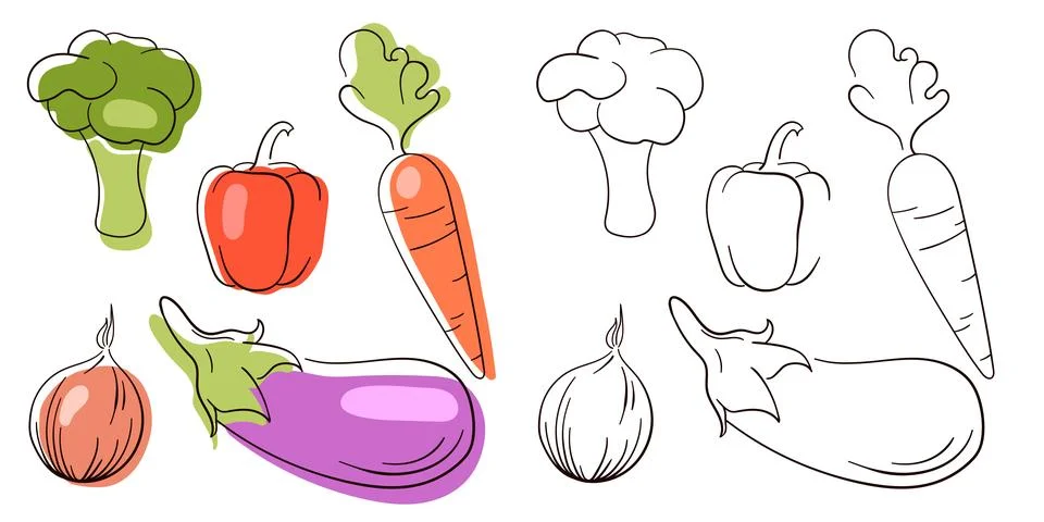 Small set with hand drawn line art vegetables. Sketch style. Flat icons onion Stock Illustration