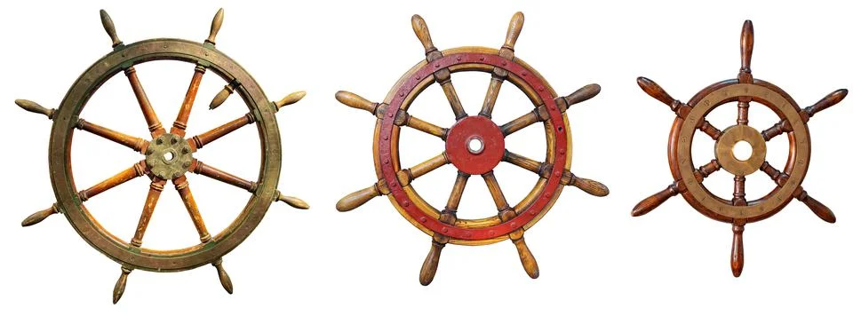 Small set of three different classic steering wheels for sailing ship isolate Foto stock