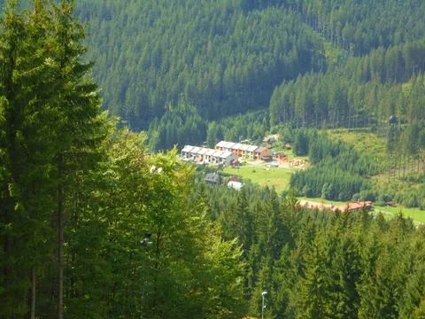 Small settlement in spruce and pine valley, Beskydy Mountains, summer Stock Photos