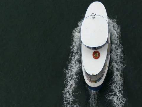 Small ship moving water surface top view Stock Footage 73831237