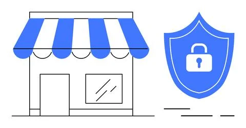 Small Shop with a Blue Security Shield Emphasizing Protection Measures Stock Illustration