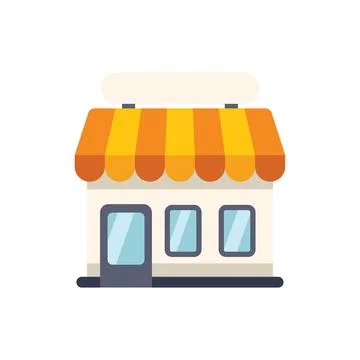 Small shop building facade with orange awning and blank sign for your text Ilustração Stock
