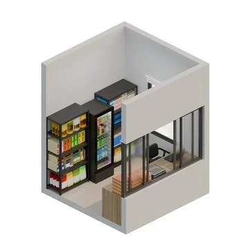 Small Shop Front Left View Isometric 3D Render Illustration Stock Illustration