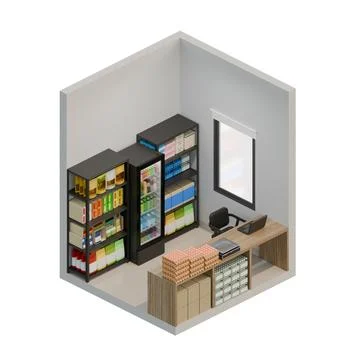 Small Shop Front Left View Isometric 3D Design Element Stock Illustration