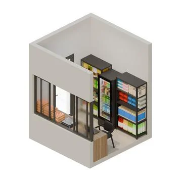 Small Shop Front Right View Isometric 3D Render Illustration Stock Illustration