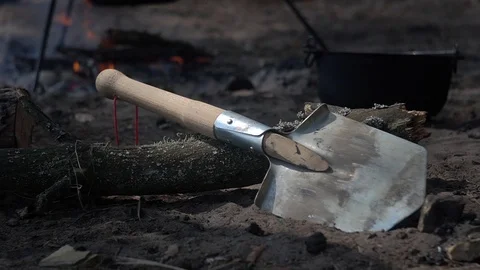 A small shoulder blade lies on a log. bonfire in the background Video stock 113276496