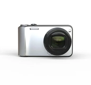 Small silver camera on white background - front view, ideal for digital and p Stock Illustration