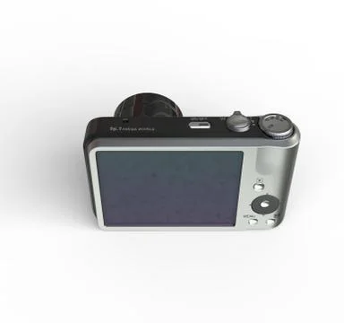 Small silver camera on white background - top back view, ideal for digital an Illustrazione stock